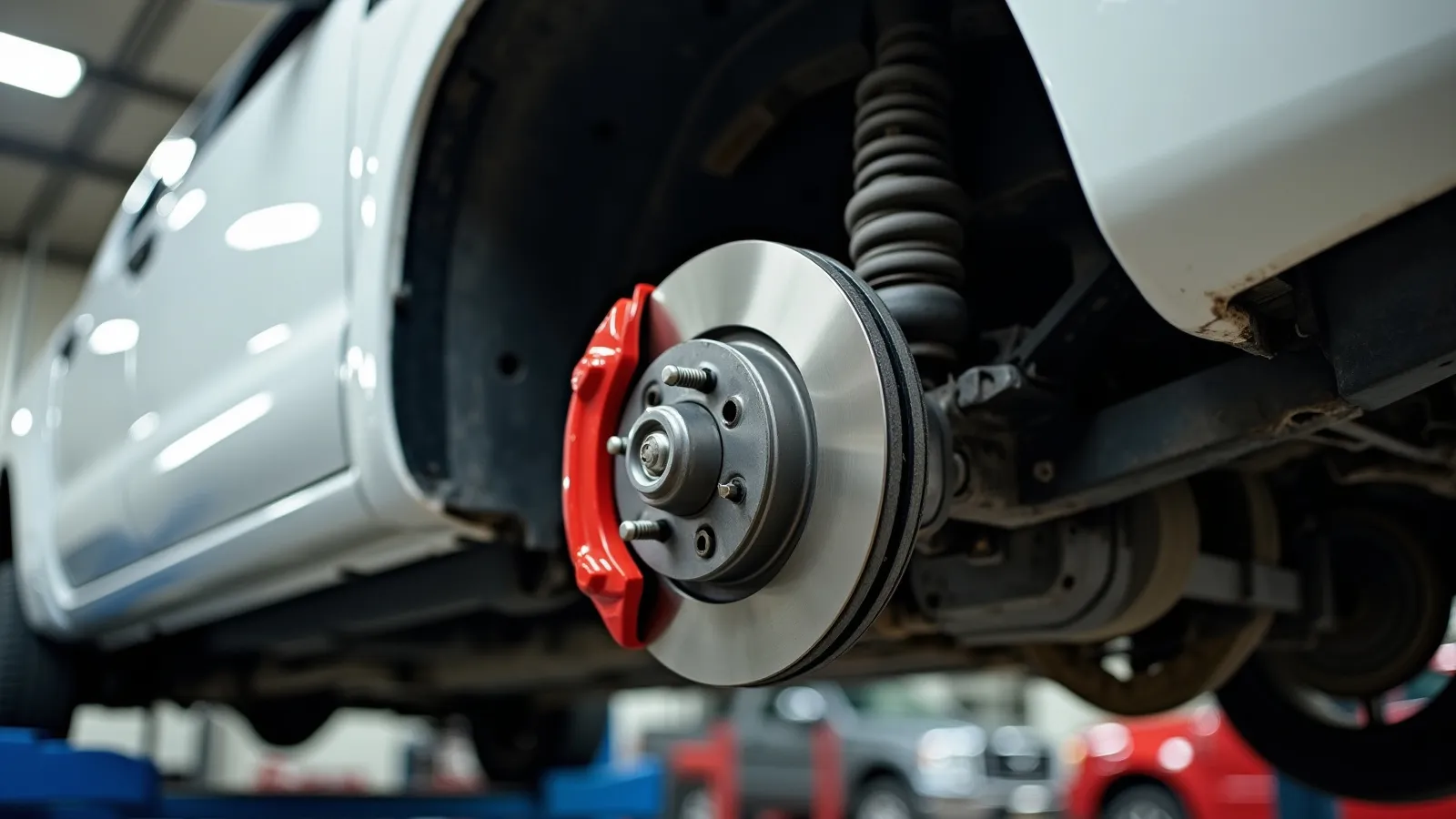 A pickup truck raised on a shop lift with its front brake rotor and caliper exposed during a brake job