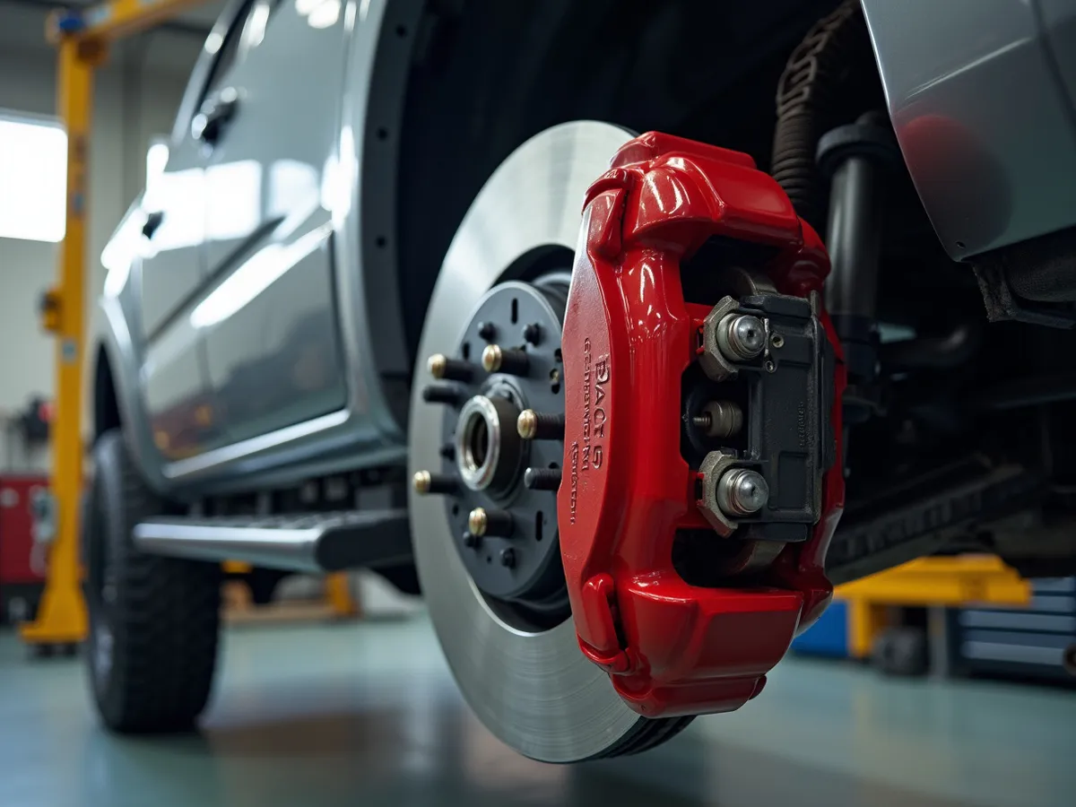 A freshly serviced brake rotor and caliper mounted on a pickup truck hub on a lift