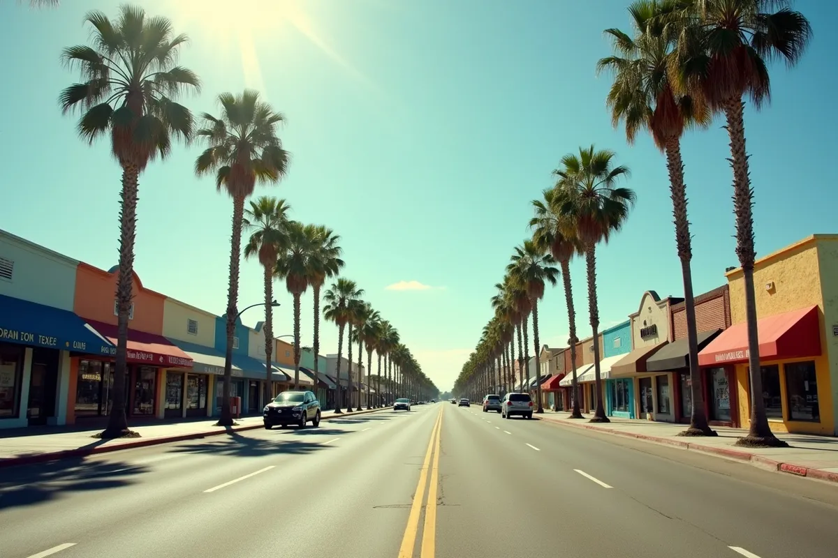A sunny palm-lined street with low buildings in Brownsville, Texas near the port
