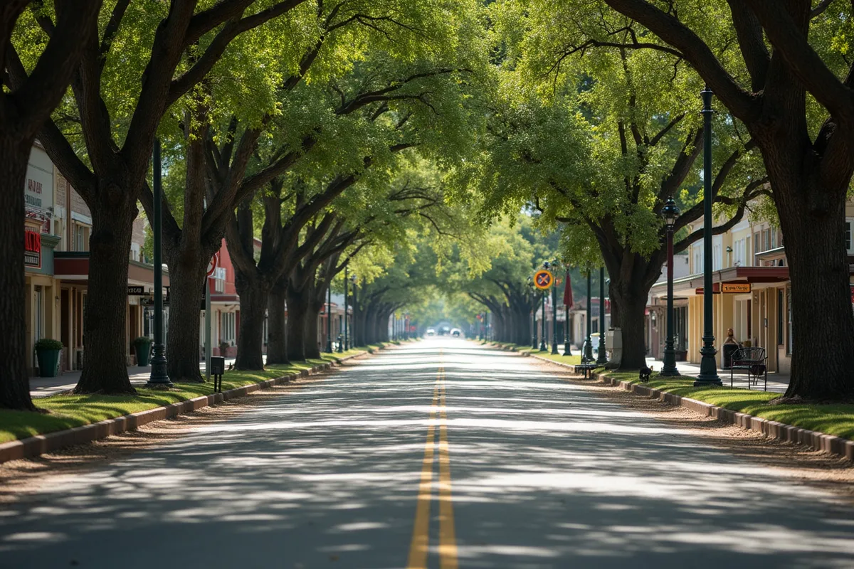 A wide tree-lined street in Edinburg, Texas in bright Rio Grande Valley daylight