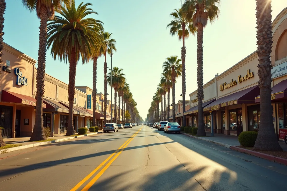 A palm-lined street with tidy storefronts in Harlingen, Texas in warm afternoon light