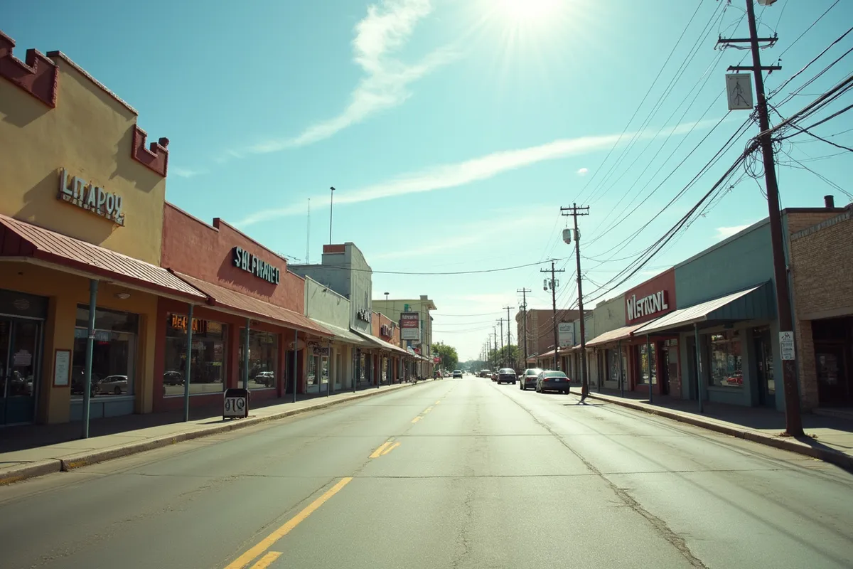 A busy commercial street in McAllen, Texas under a bright clear sky