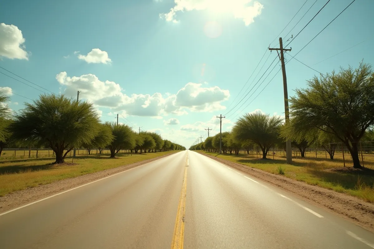A rural citrus-country road near Mission, Texas under a bright South Texas sky