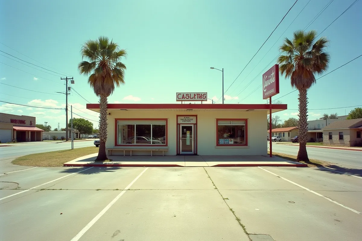 A tidy shop lot with palms and a concrete apron in Pharr, Texas
