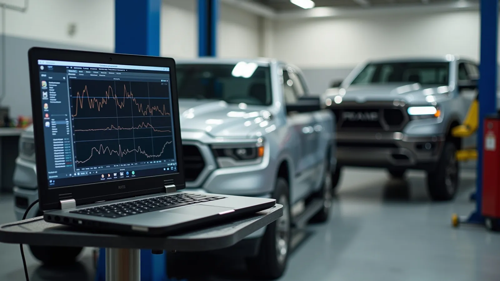 A pickup truck connected to a diagnostic scan tool with live data on a screen in a repair bay