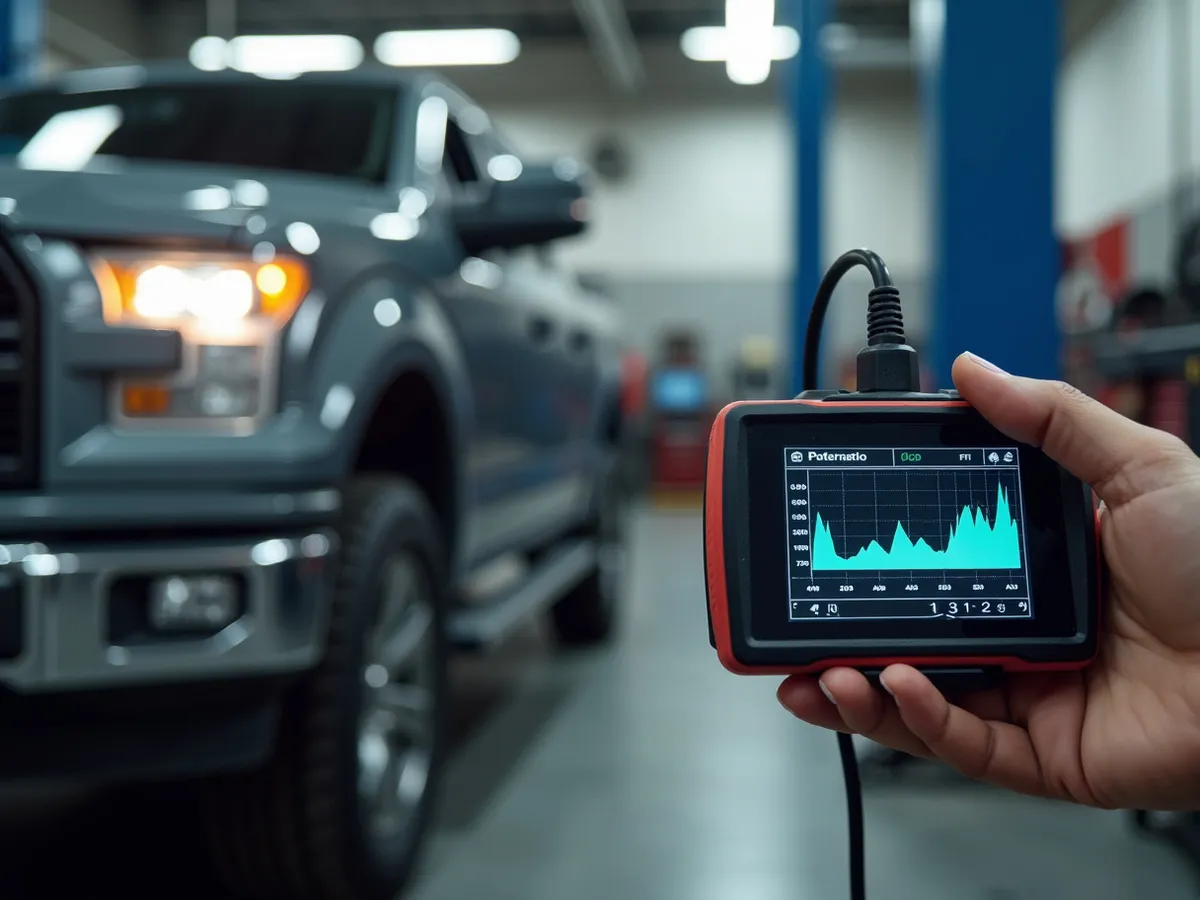 An automotive diagnostic scan tool connected to a pickup truck OBD port