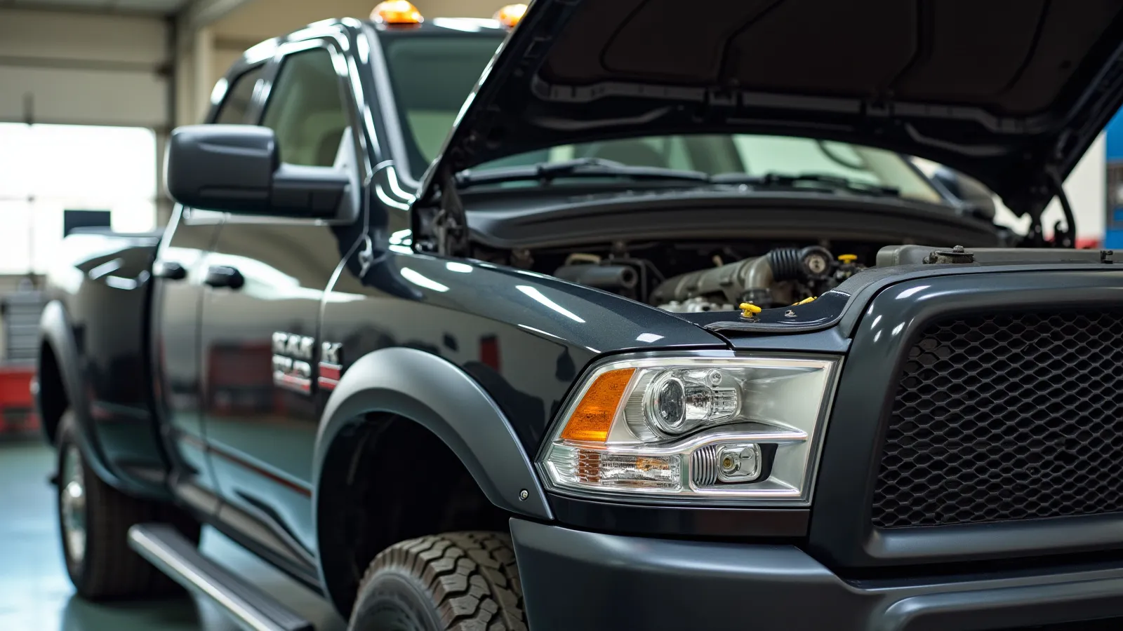 A heavy-duty diesel pickup truck with its hood open in a shop bay for fuel-system repair