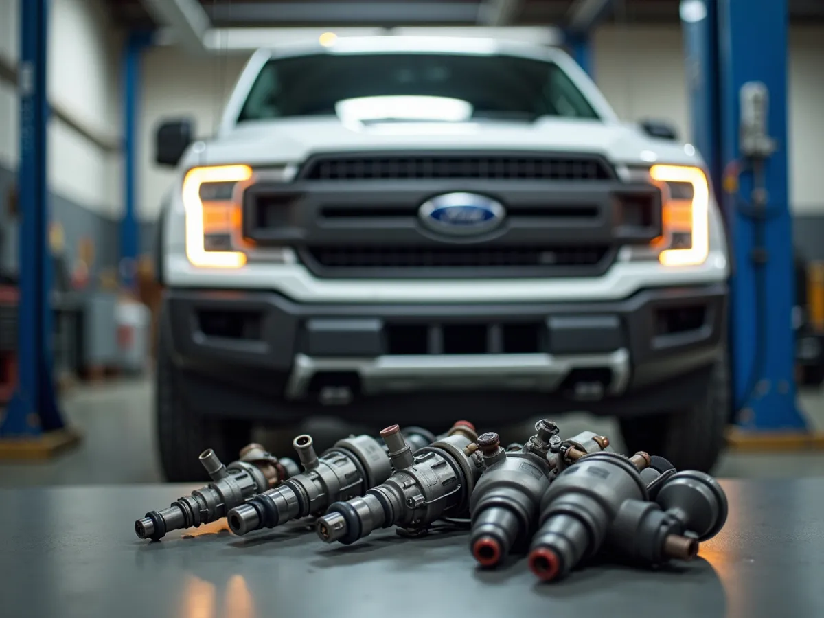Diesel fuel injectors and fuel-system components on a workbench in a diesel shop