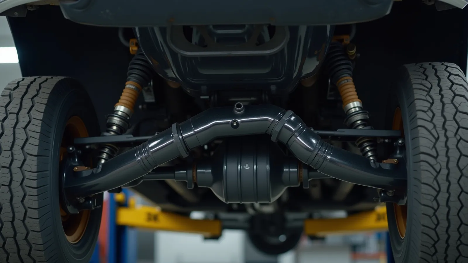 A pickup truck on a lift with its driveshaft and rear axle exposed for driveline repair