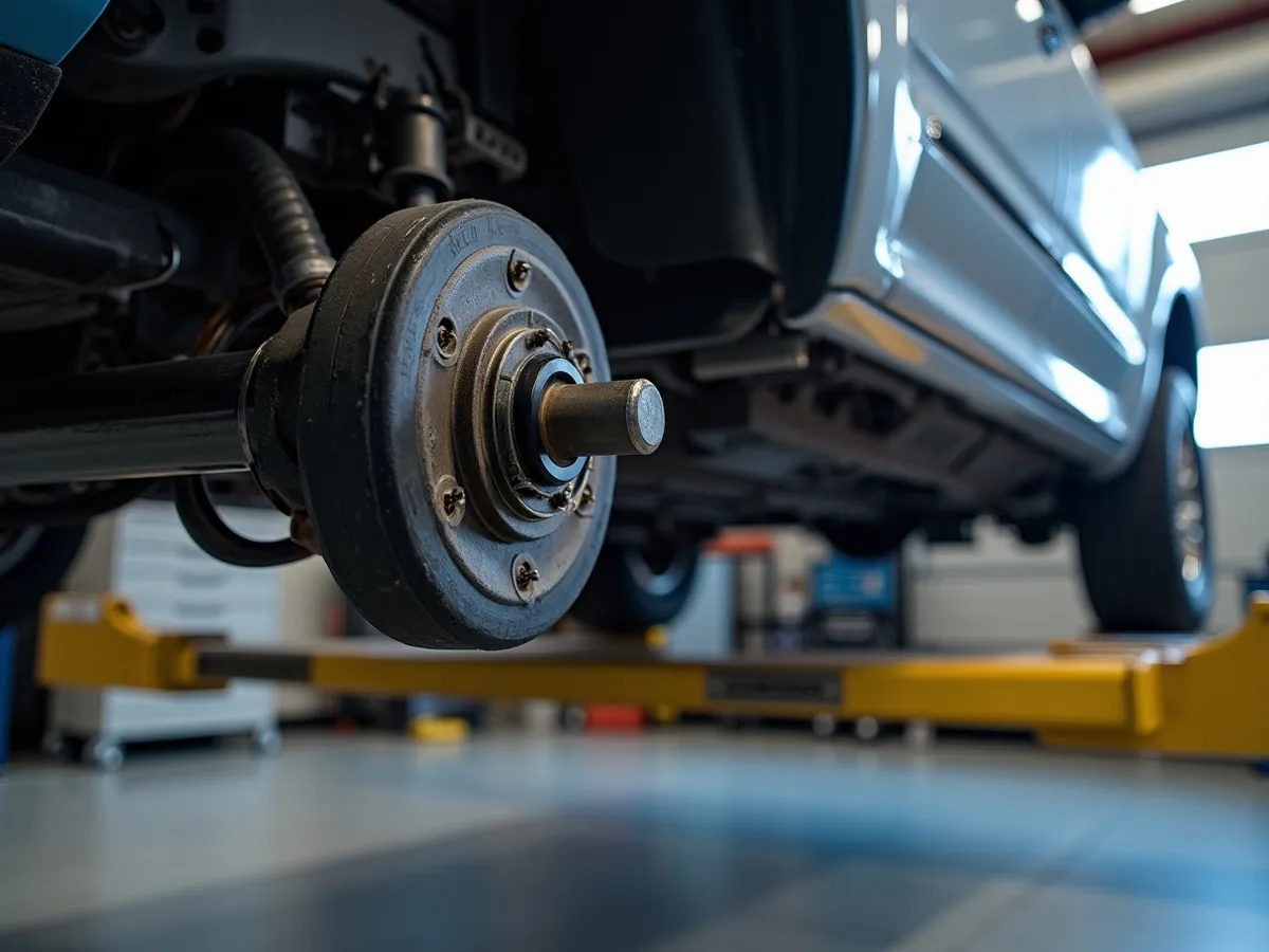 A new U-joint and driveshaft installed under a pickup truck on a lift