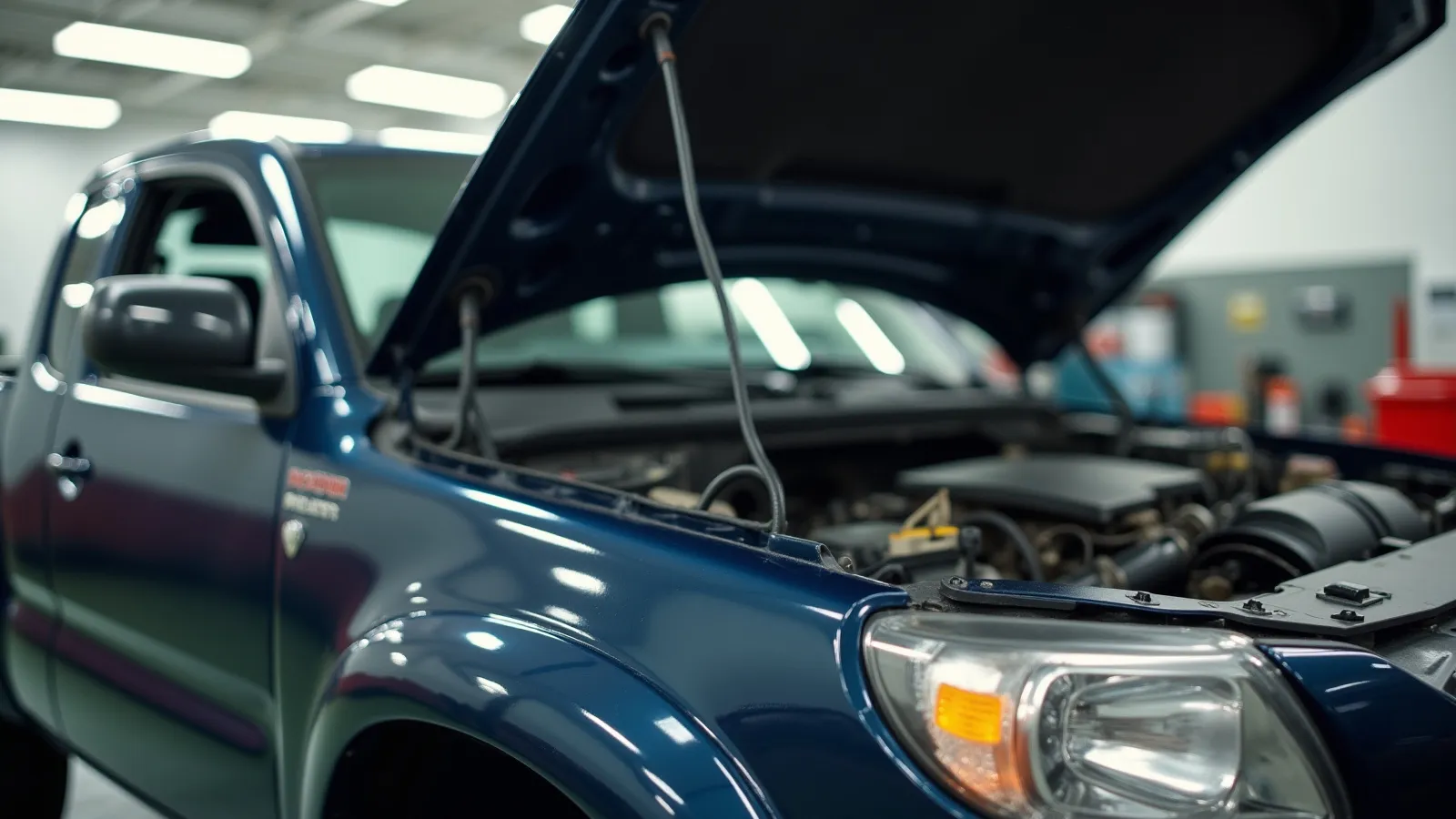 A pickup truck with its hood open in a repair bay during an engine diagnosis