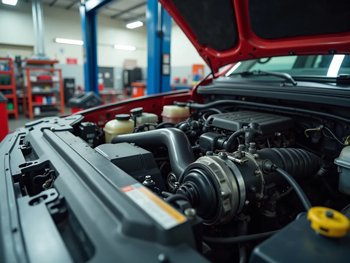 An engine bay of a pickup truck with fresh gaskets and new components installed