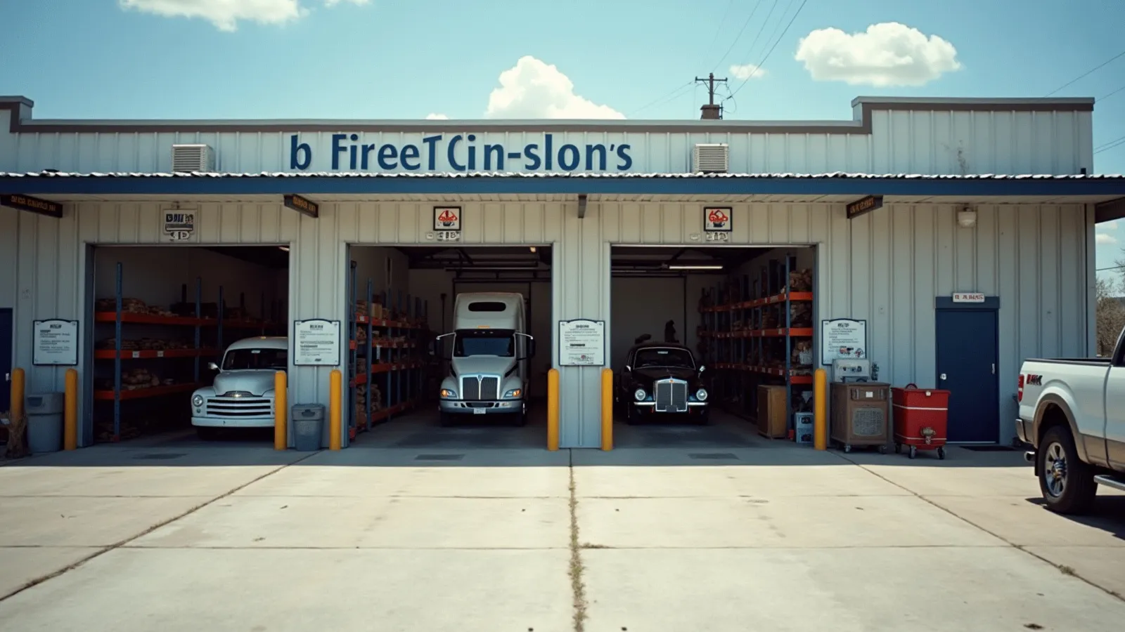 A tidy fleet service yard with marked bays, steel racking and bay doors outside a repair shop