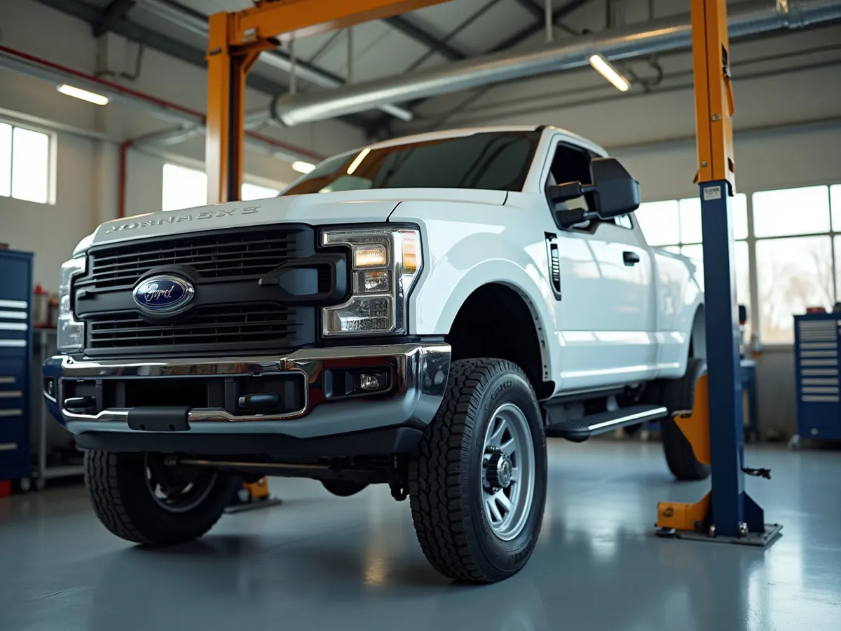 A work truck being serviced inside a clean fleet maintenance bay
