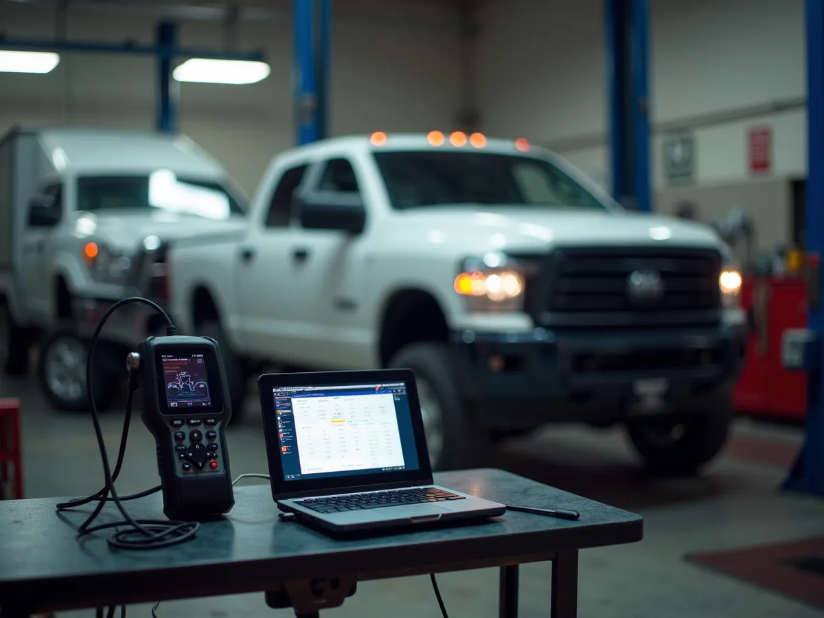 A pickup truck connected to a scan tool in a tidy diagnostic bay
