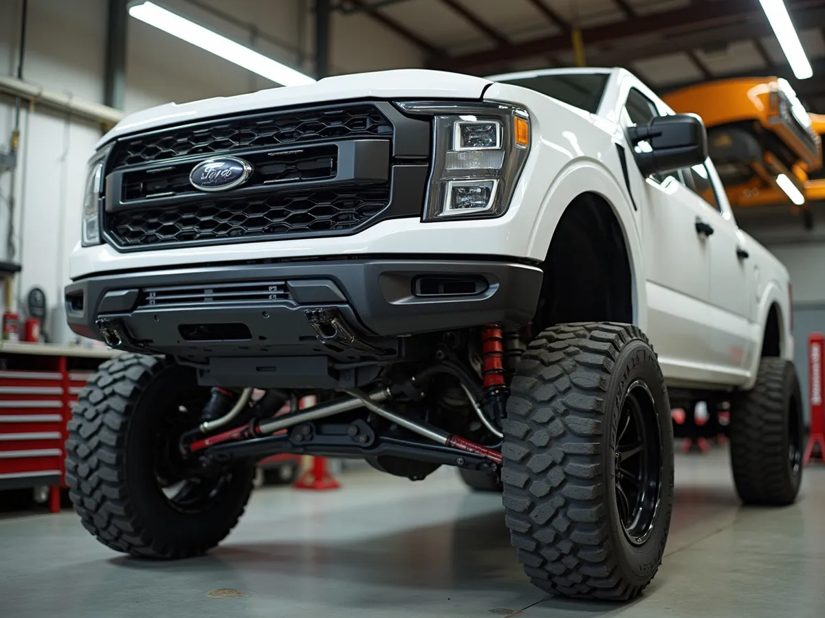 A view of a truck on a lift during a suspension install, tools staged in the bay