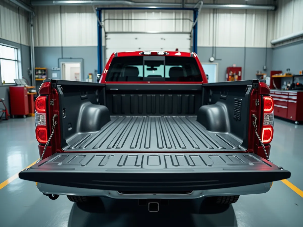 A modern pickup truck parked inside a clean professional repair shop bay