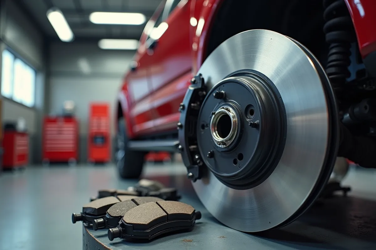A pickup truck brake rotor, new brake pads and caliper arranged on a workbench for a cost guide
