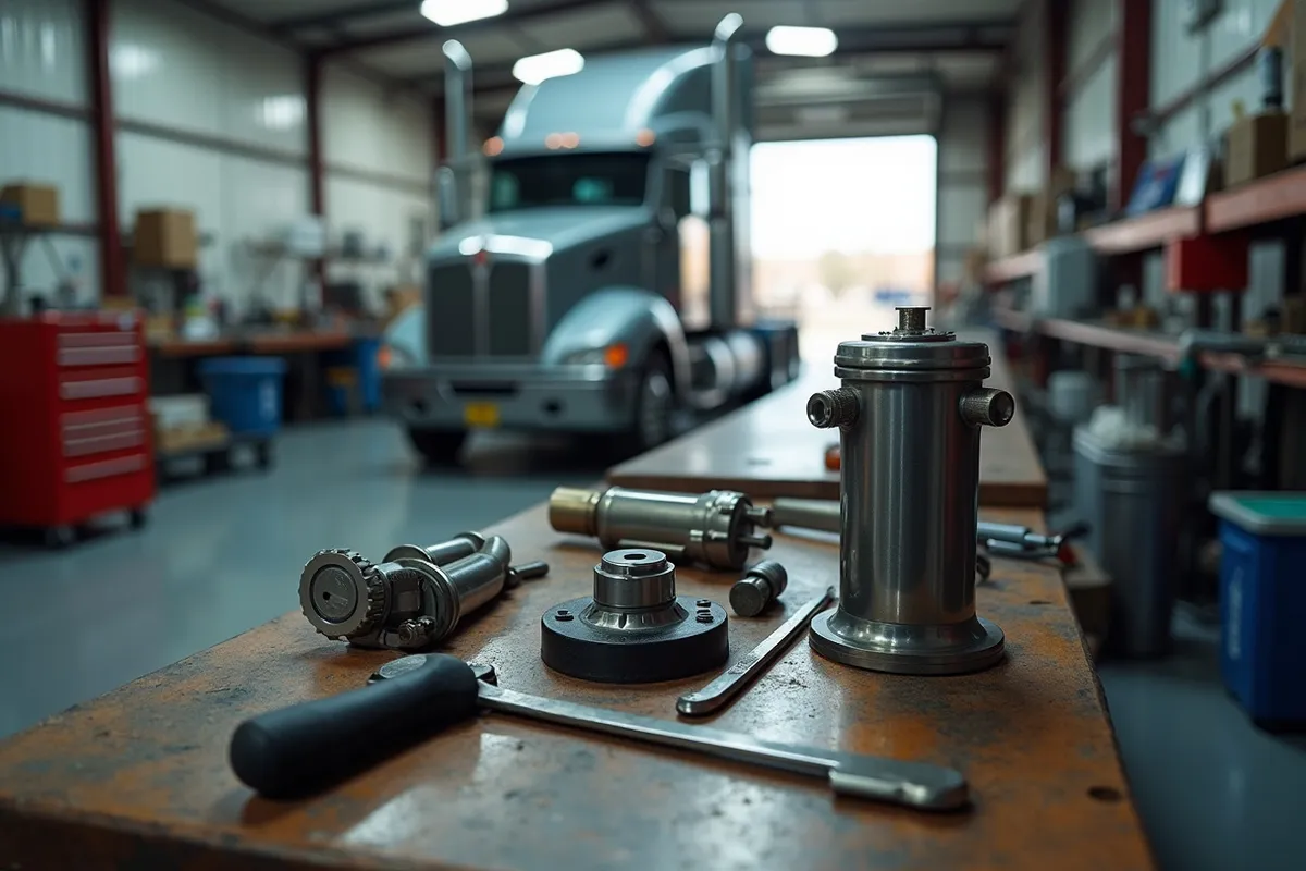 A diesel truck in a shop bay with fuel-system parts laid out on a bench in the foreground