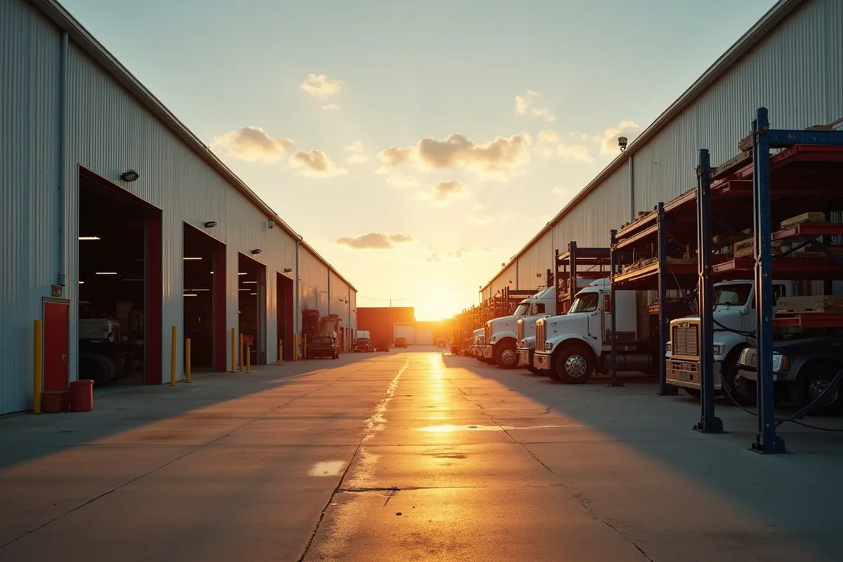 A tidy fleet maintenance yard with marked bays and racking outside a repair shop at golden hour