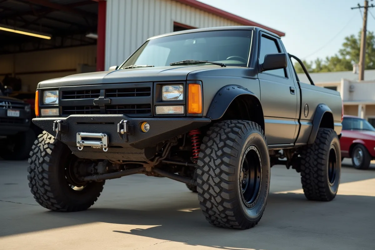 A front strut spacer and leveling kit installed on a pickup truck outside a repair shop