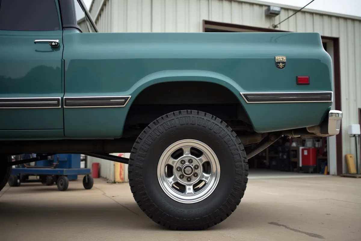 A lifted 4x4 pickup truck with big tires parked outside a repair shop