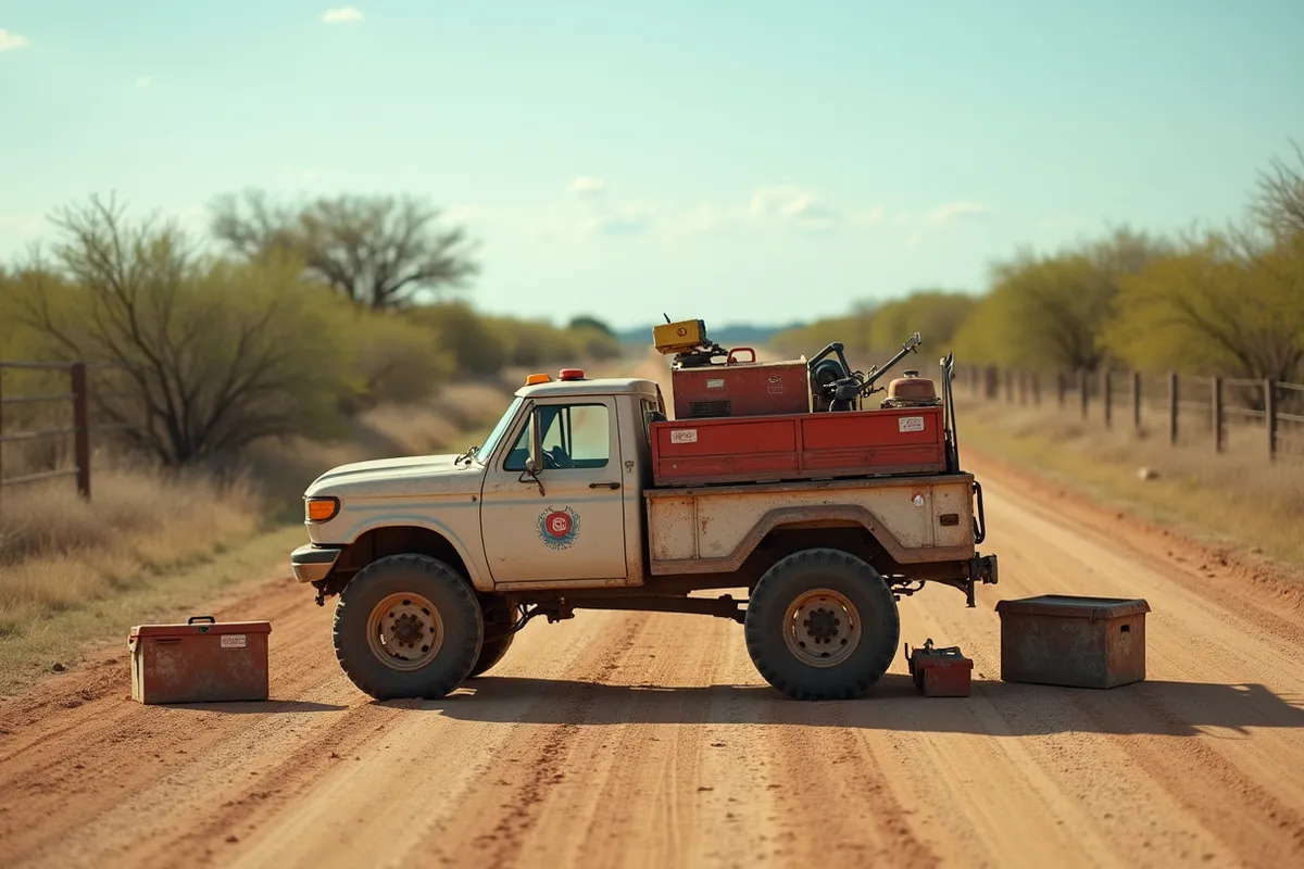 A service cart, toolboxes and staged tools at a rural South Texas job site