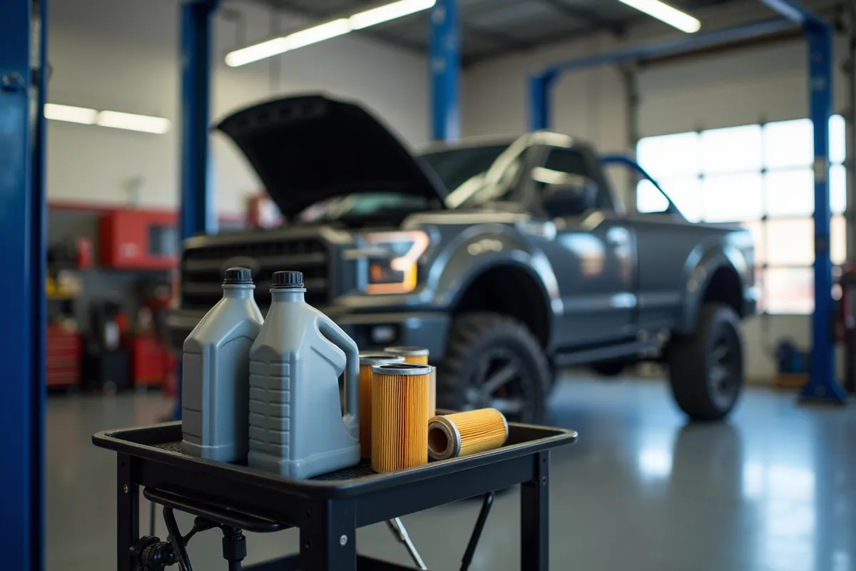 Fresh motor oil, filters and a drain pan staged on a cart for an oil change
