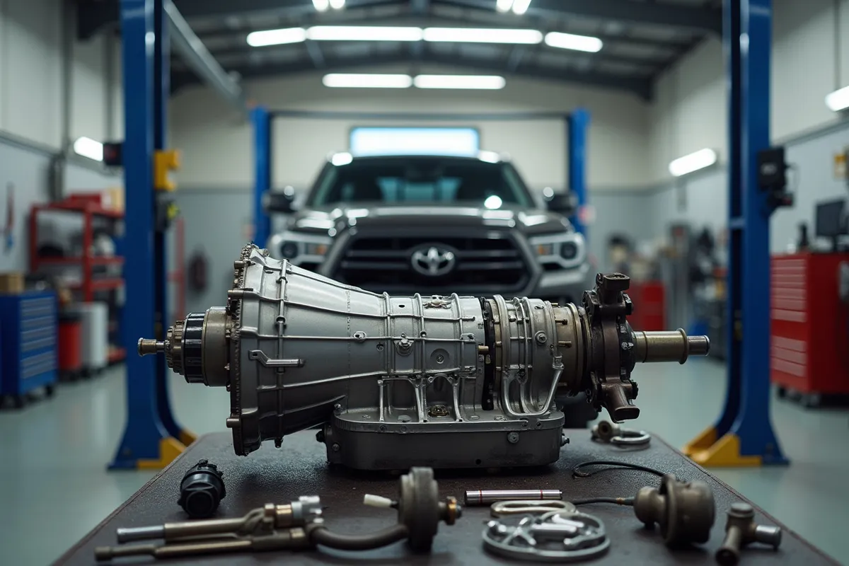 A disassembled automatic transmission spread across a rebuild bench in a shop