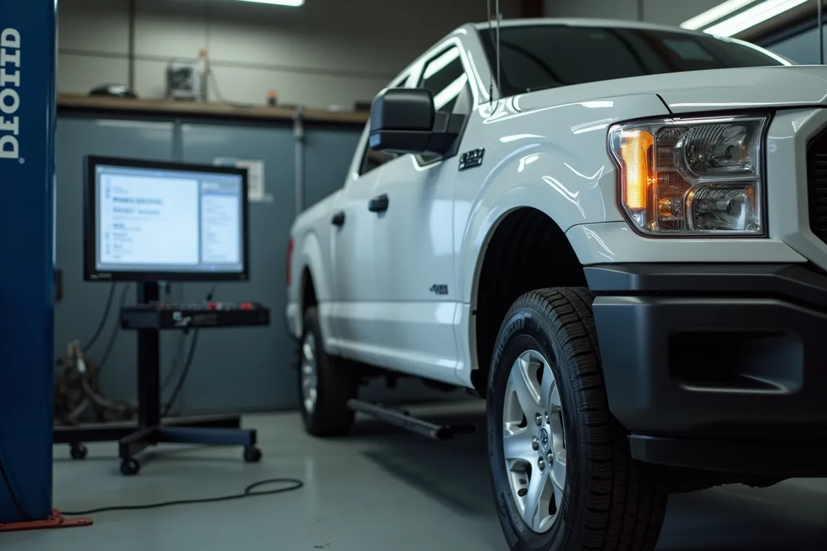 A truck on a computerized alignment rack with target paddles and a glowing screen