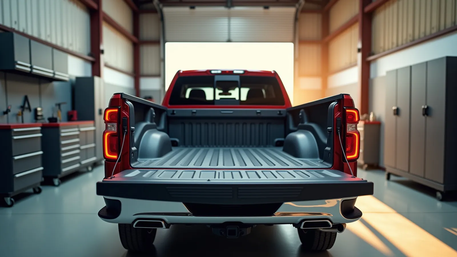 A modern pickup truck inside a clean professional 4x4 repair shop in South Texas