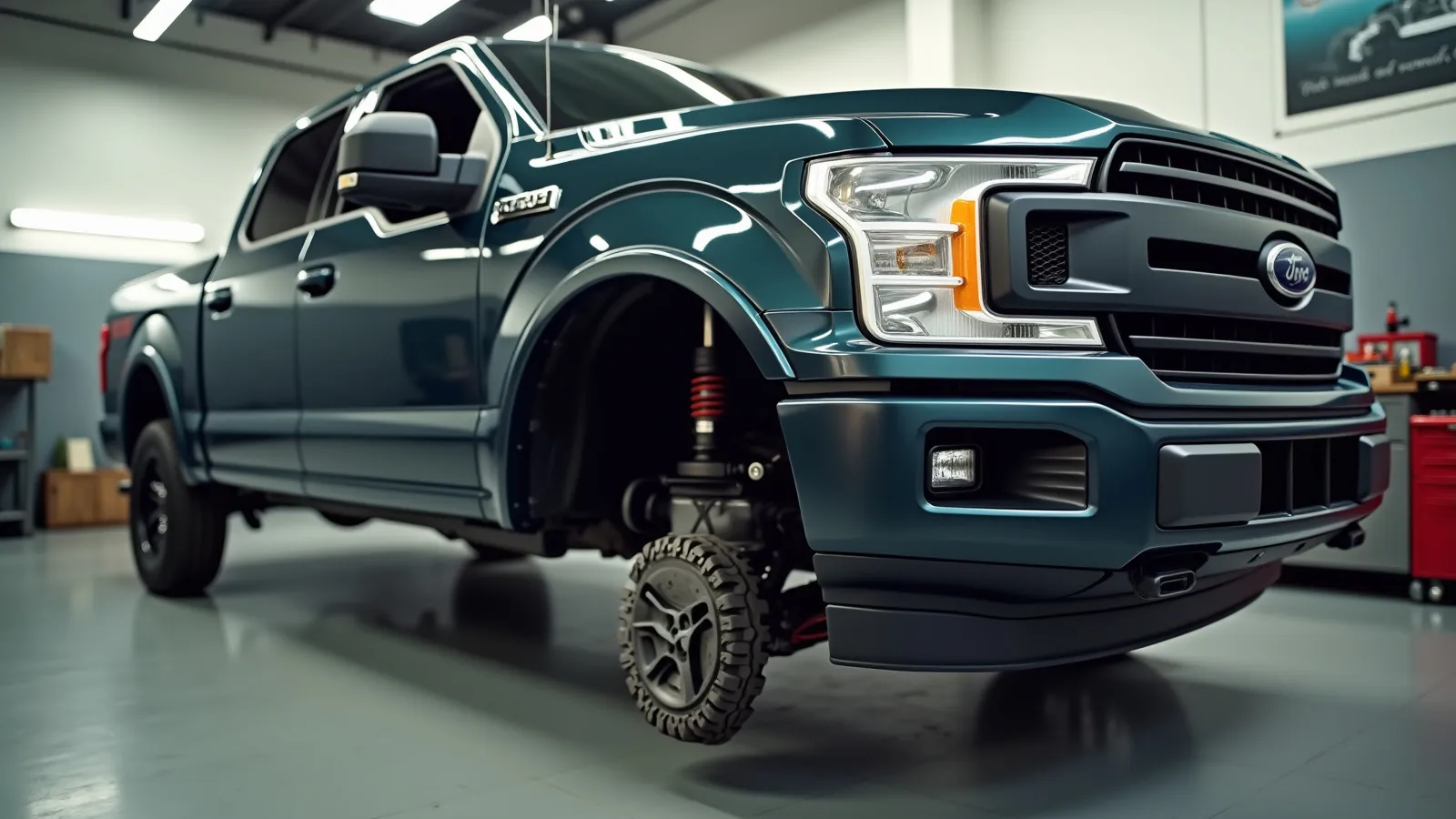 A pickup truck in a shop bay with a leveling kit installed and a level stance