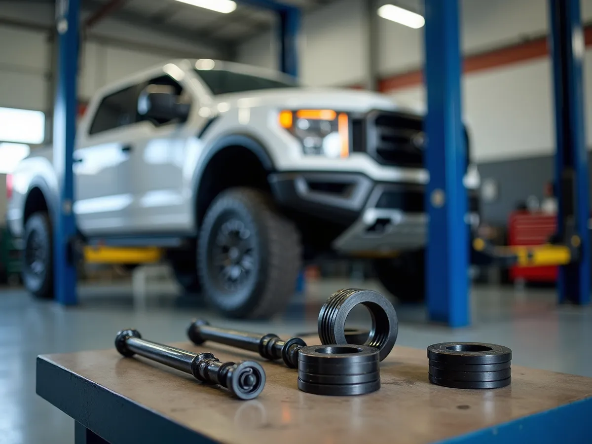A front strut spacer and leveling-kit components on a repair workbench