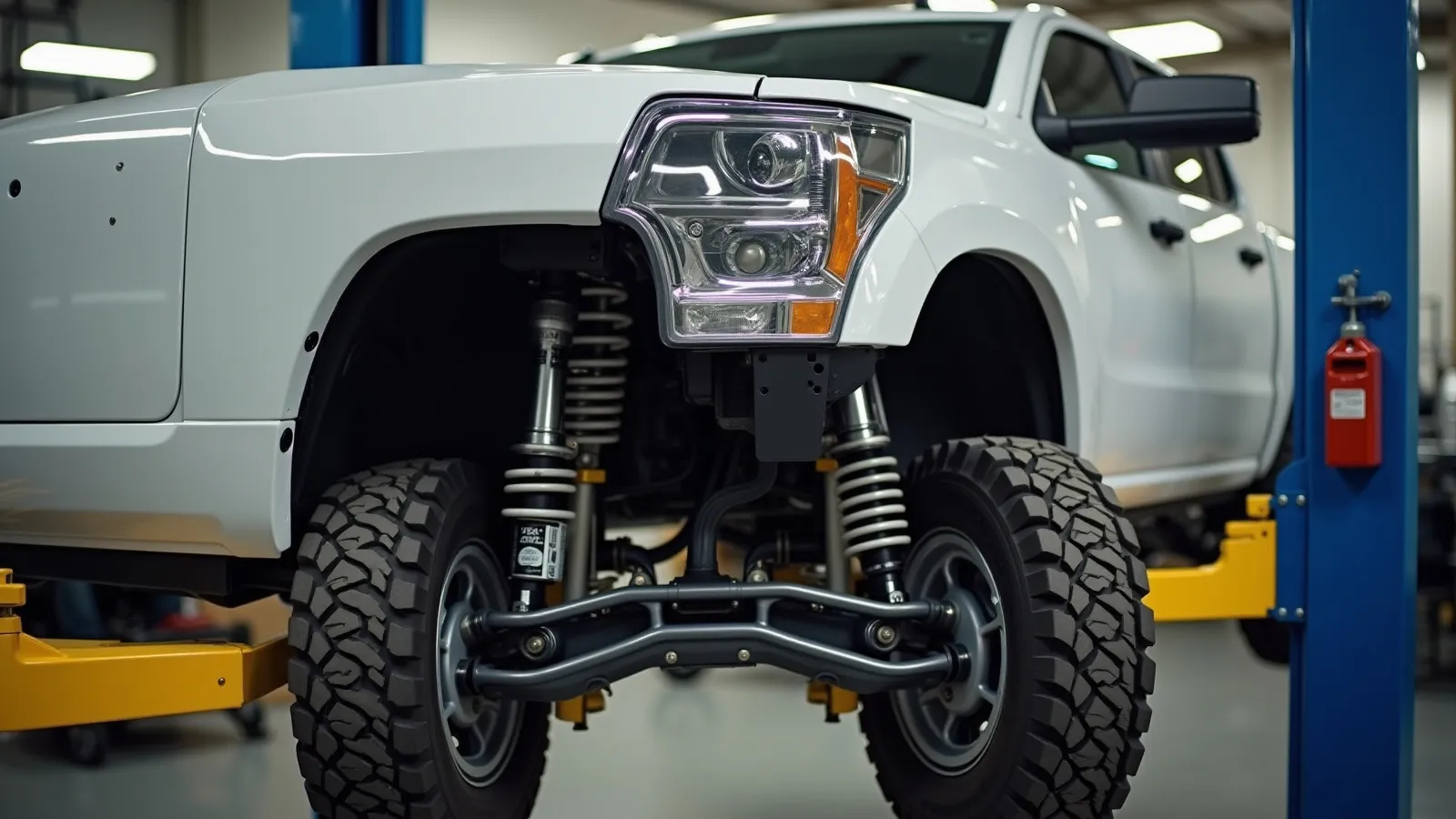A pickup truck raised on a lift while a suspension lift kit is being installed