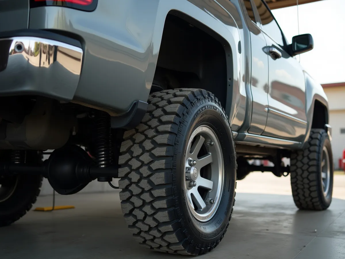 A lifted pickup truck with a tall suspension lift kit and big all-terrain tires installed