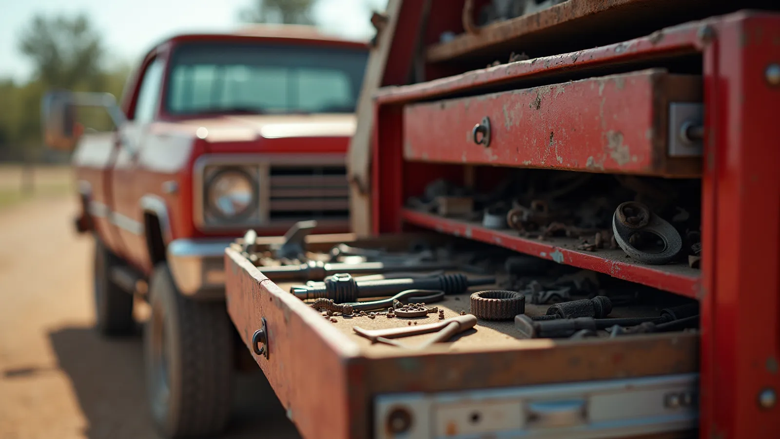 An open mobile mechanic service bed with organized tools at a rural South Texas job site