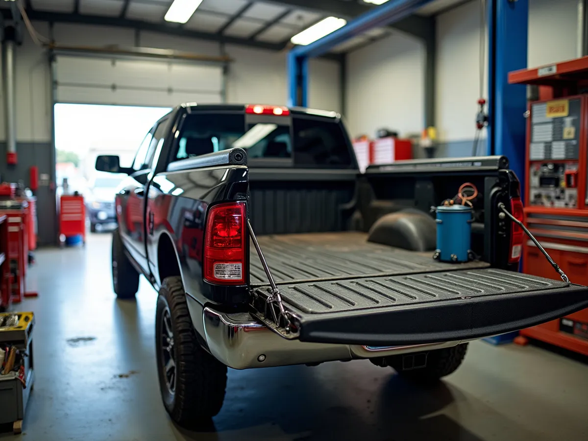An open mobile mechanic service truck bed organized with tools at a job site