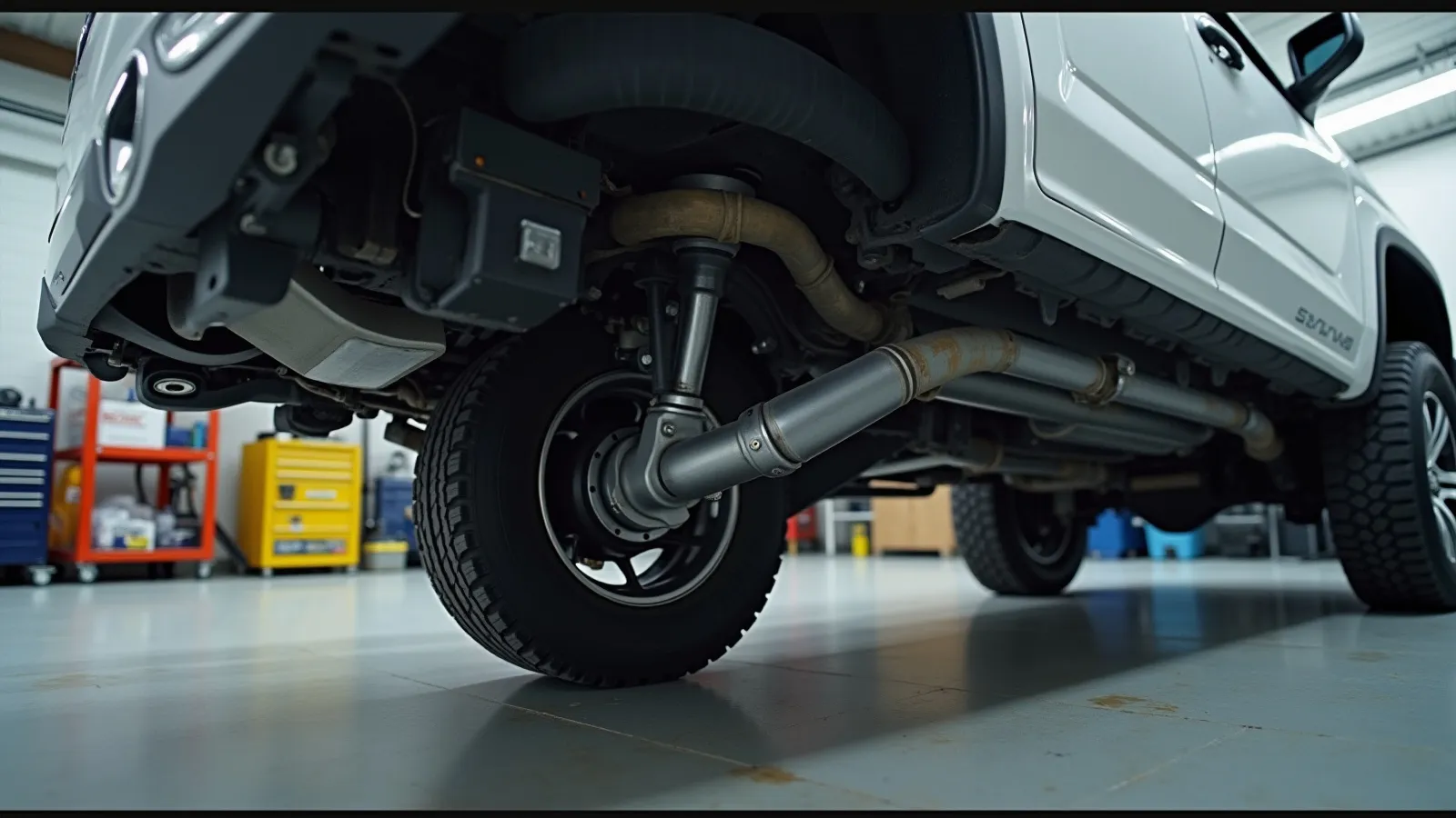 A pickup truck over an oil-change bay with a drain pan and fresh oil filters ready