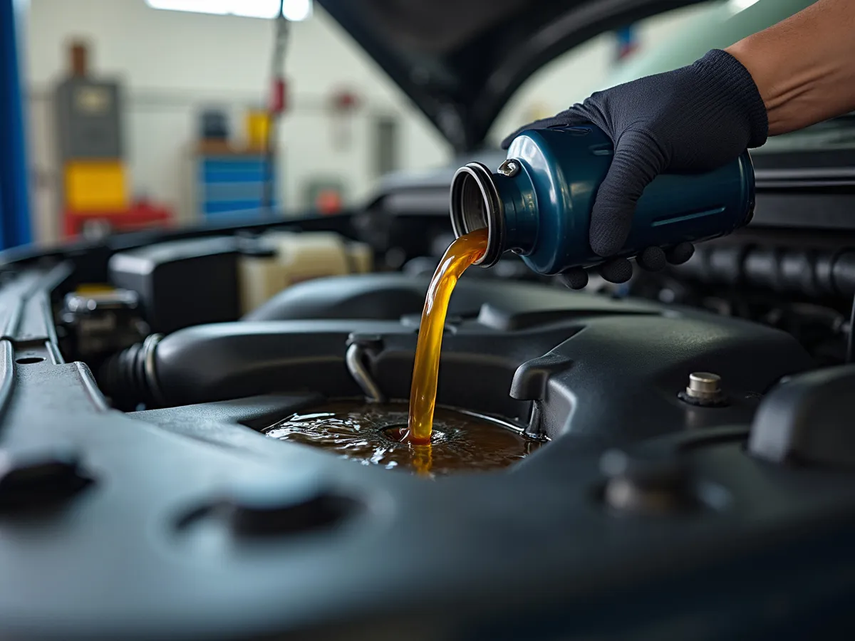 A new oil filter and fresh oil being installed on a pickup truck engine