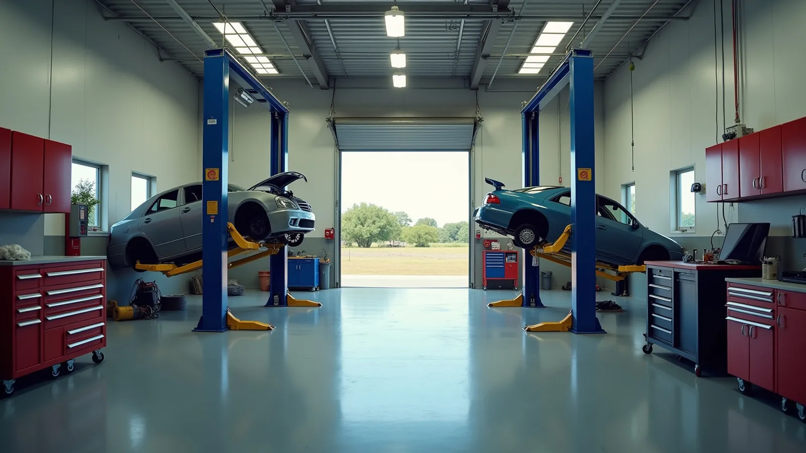 A wide view of a clean South Texas repair shop with two-post lifts, tool cabinets and equipment