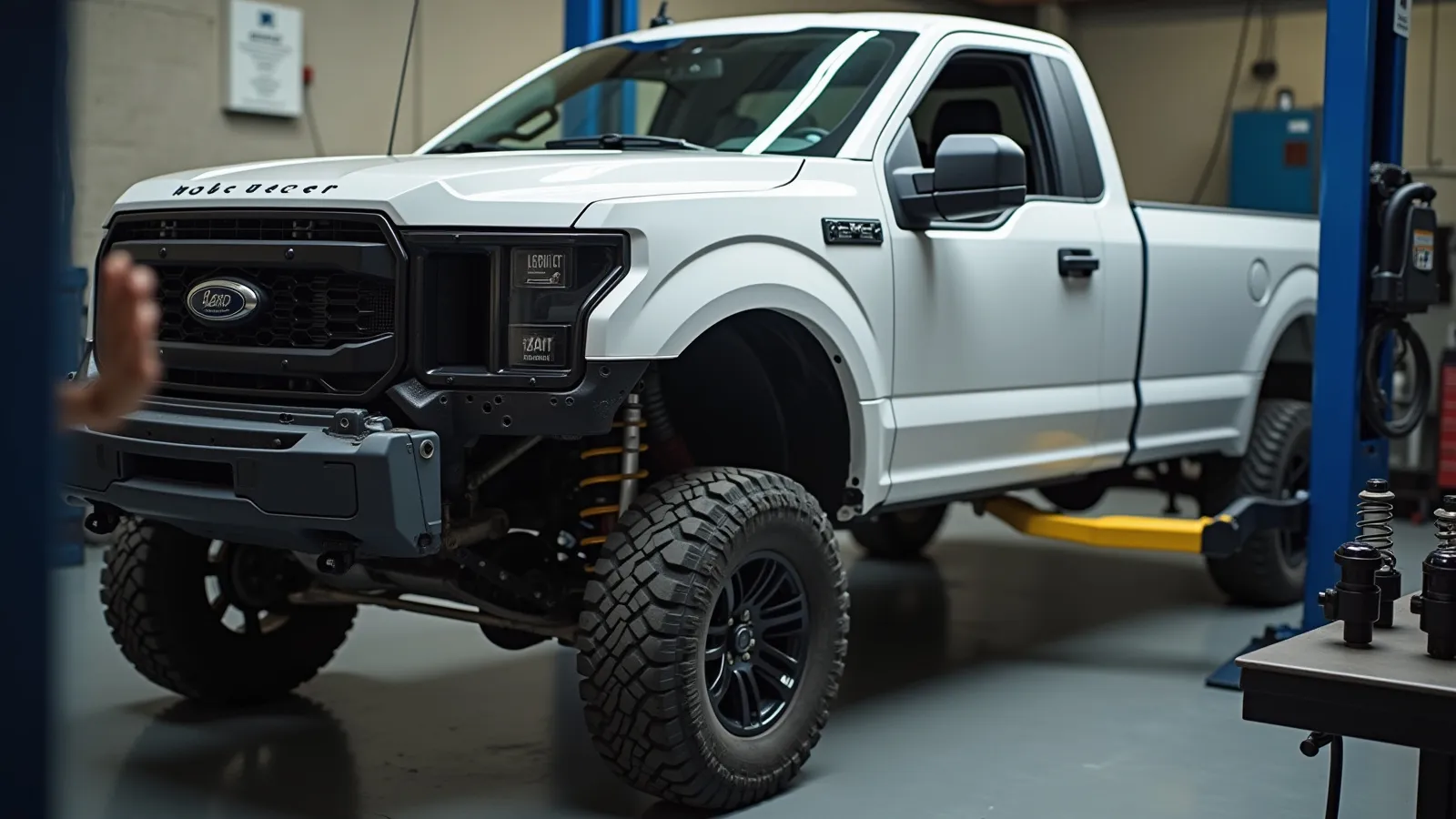 A pickup truck on a lift with its front suspension and coil-over shock exposed for repair