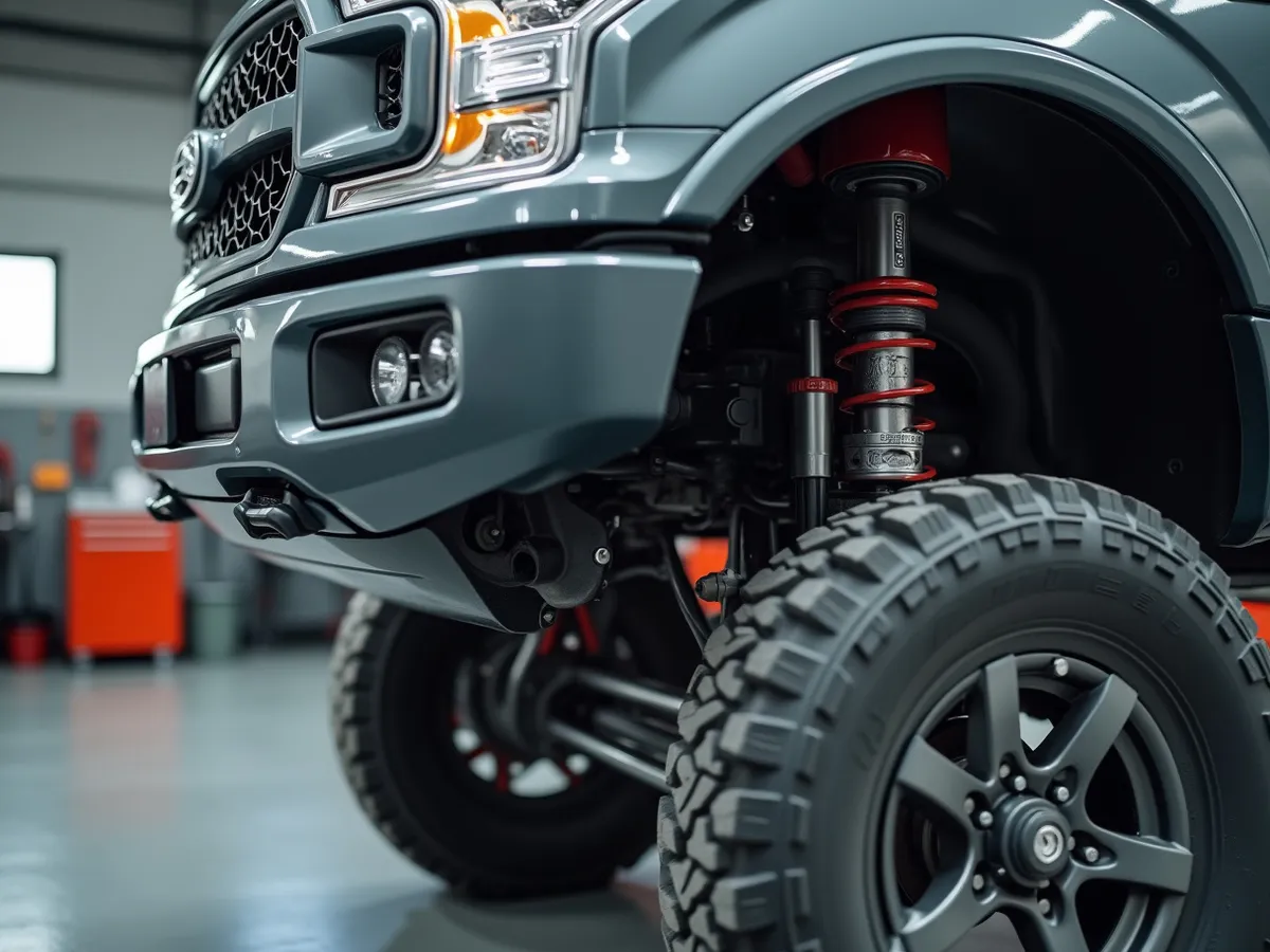 A heavy-duty coil-over shock absorber installed on the front of a lifted pickup truck