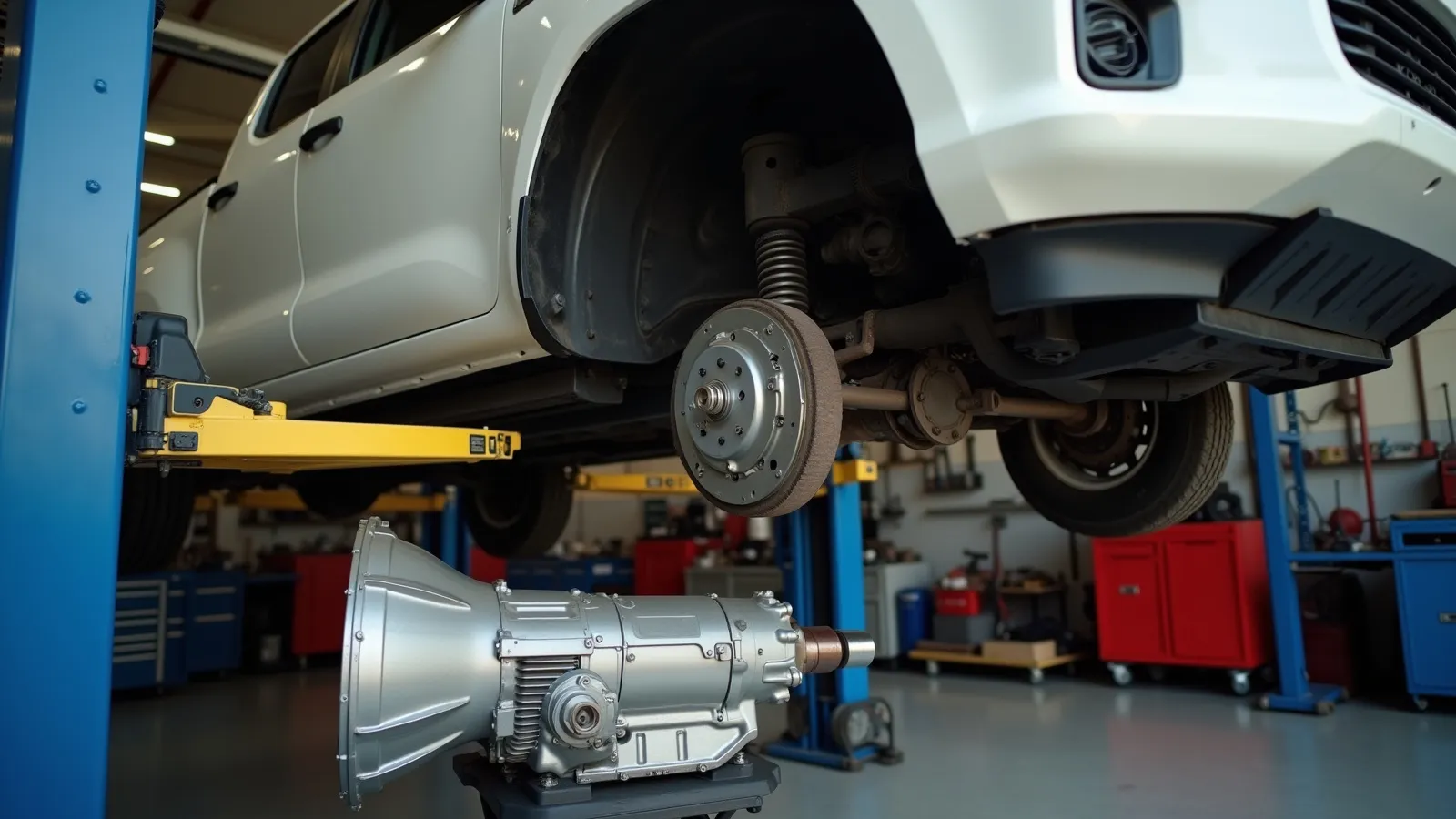 A pickup truck on a shop lift with its transmission and driveshaft lowered for repair