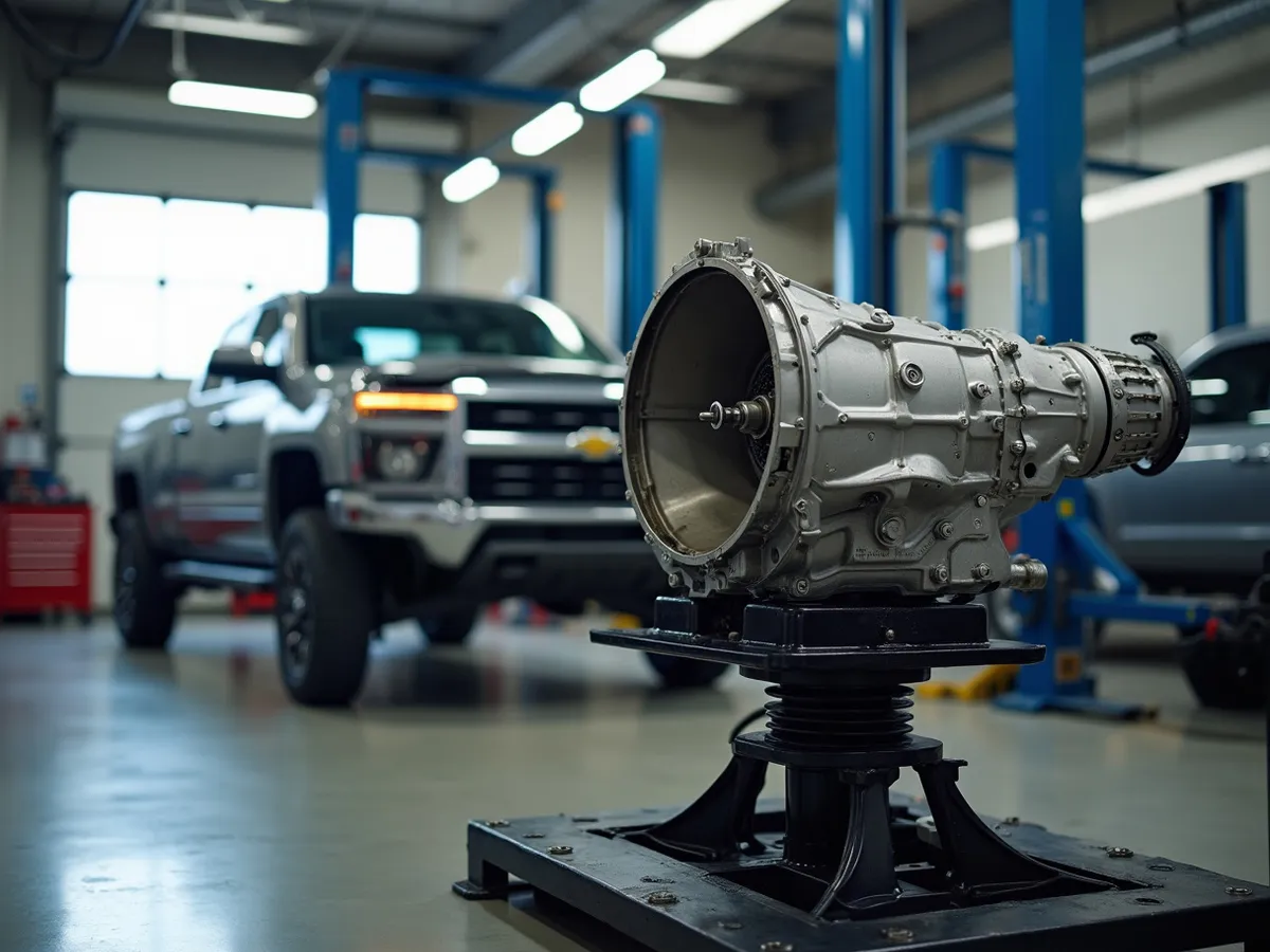 A rebuilt automatic transmission mounted on a service stand in a repair shop