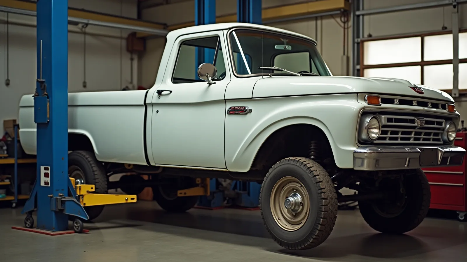 A work pickup truck on a lift in a general repair bay with tools and parts nearby
