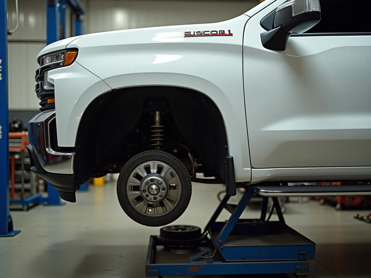 A pickup truck undergoing general mechanical repair on a shop lift with its wheels removed