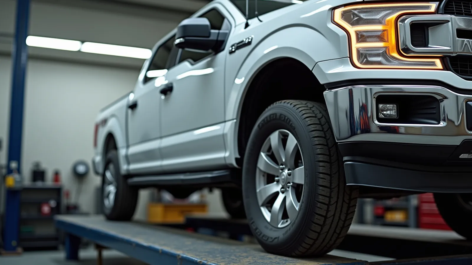 A pickup truck on a computerized alignment rack with alignment targets clamped to its wheels