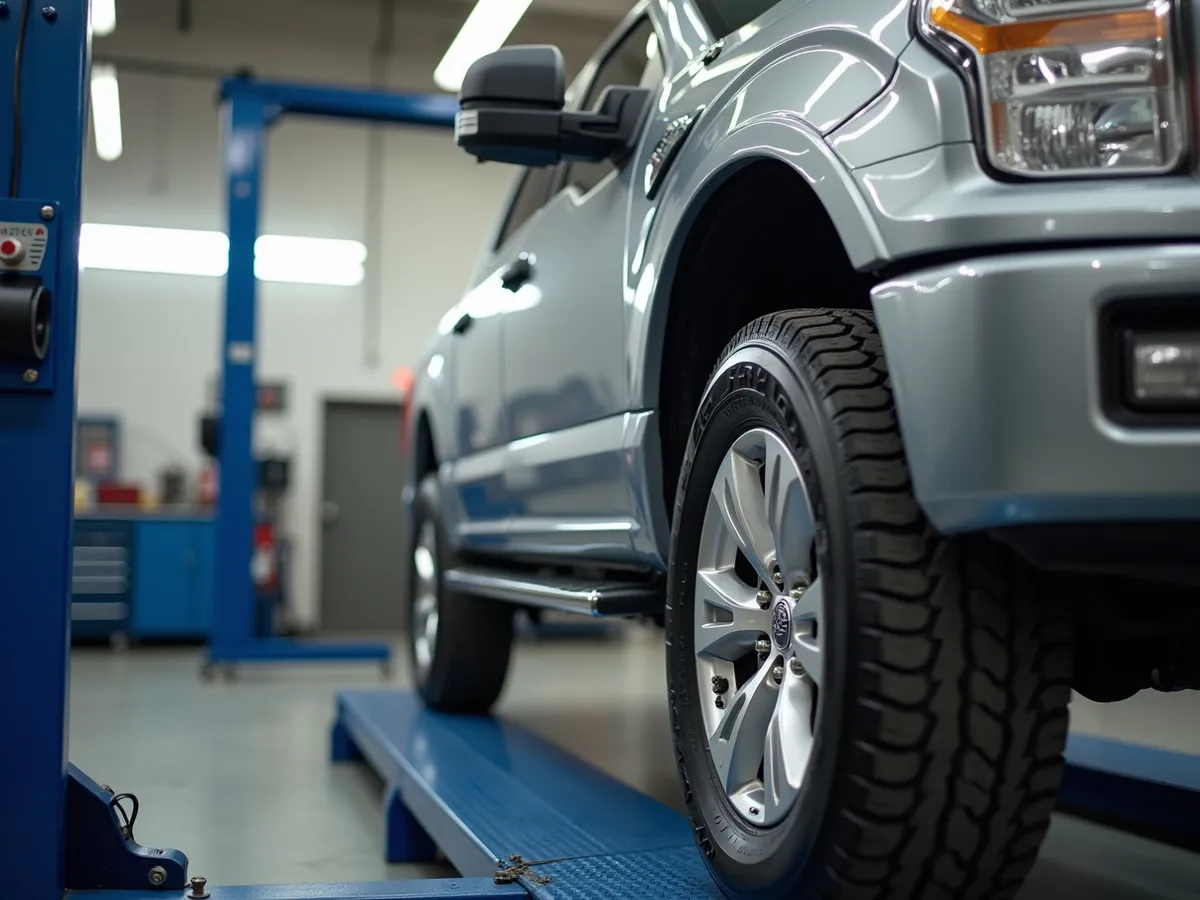 Alignment target paddles clamped to the wheels of a truck on an alignment rack